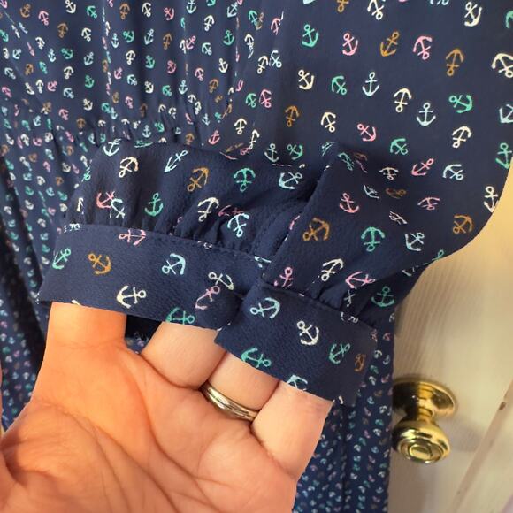 Talbots Mutlicolor Anchor Print Flounce Hem Split Neck Dress Size 24W Nautical - Picture 7 of 7